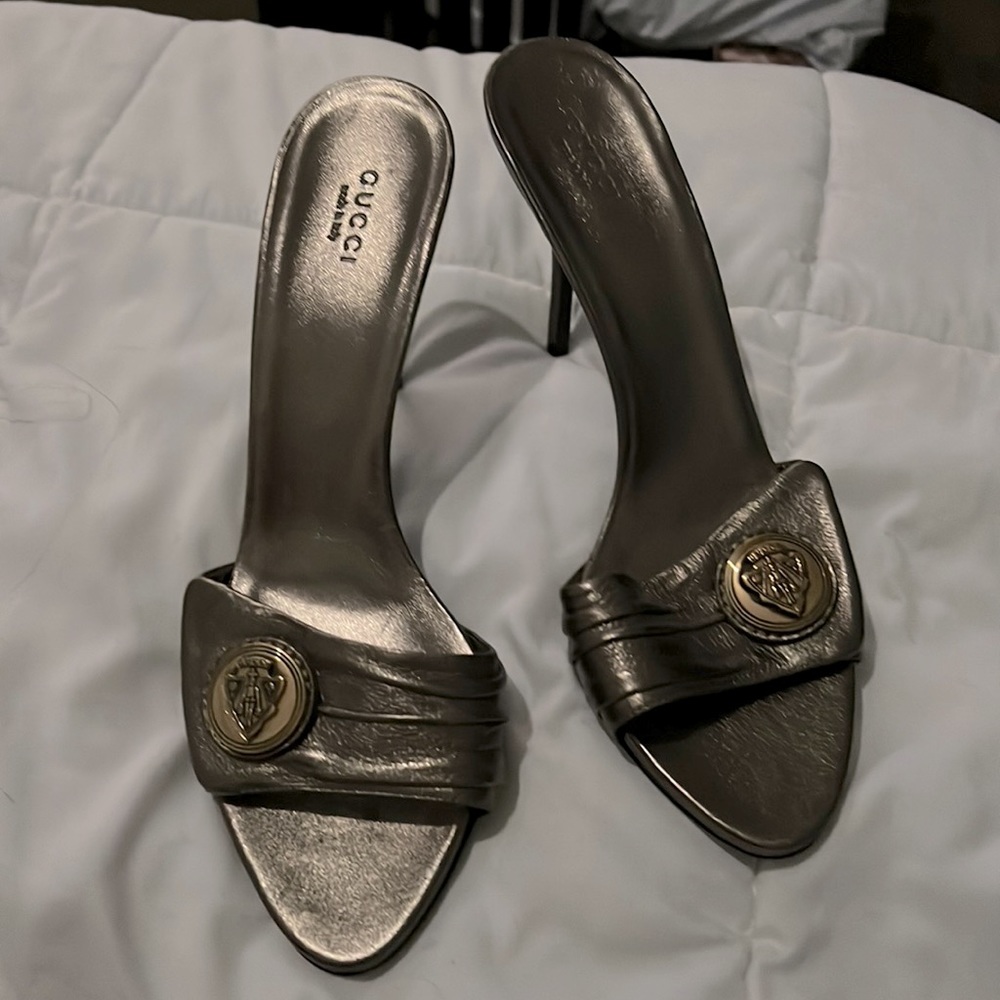 Gucci bronze medallion heels